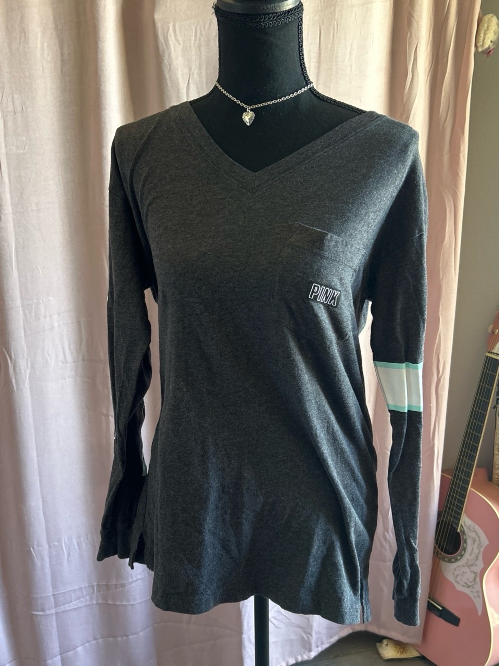PINK Victoria's Secret Charcoal V‑Neck Long Sleeve Top with Mint Stripe